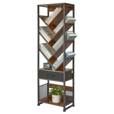 Bookshelf with Drawer,10 Tier Tree Bookcase Retro Floor Standing Bookshelves,...