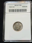 1928 Mercury Dime – ANACS MS62 FSB – Full Split Bands OLD SLAB