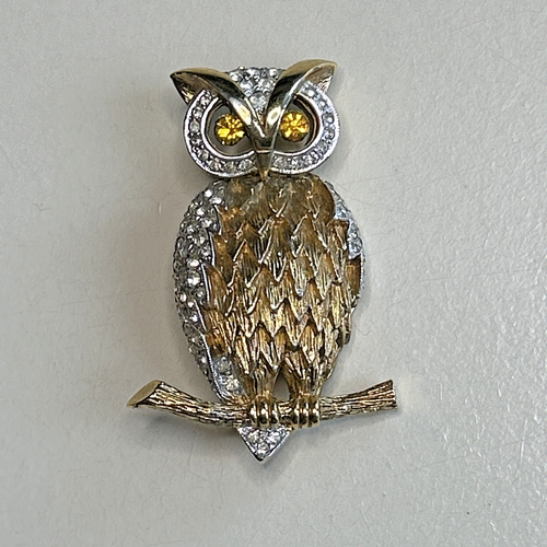 Panetta Pin Brooch Figural OWL Gold Tone Citrine Clear Rhinestone Vintage Signed - Picture 6 of 10