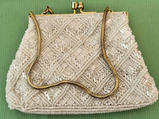 Vintage Small Evening Handbag Seed  Bugle Beads Metallic Frame Hong Kong
