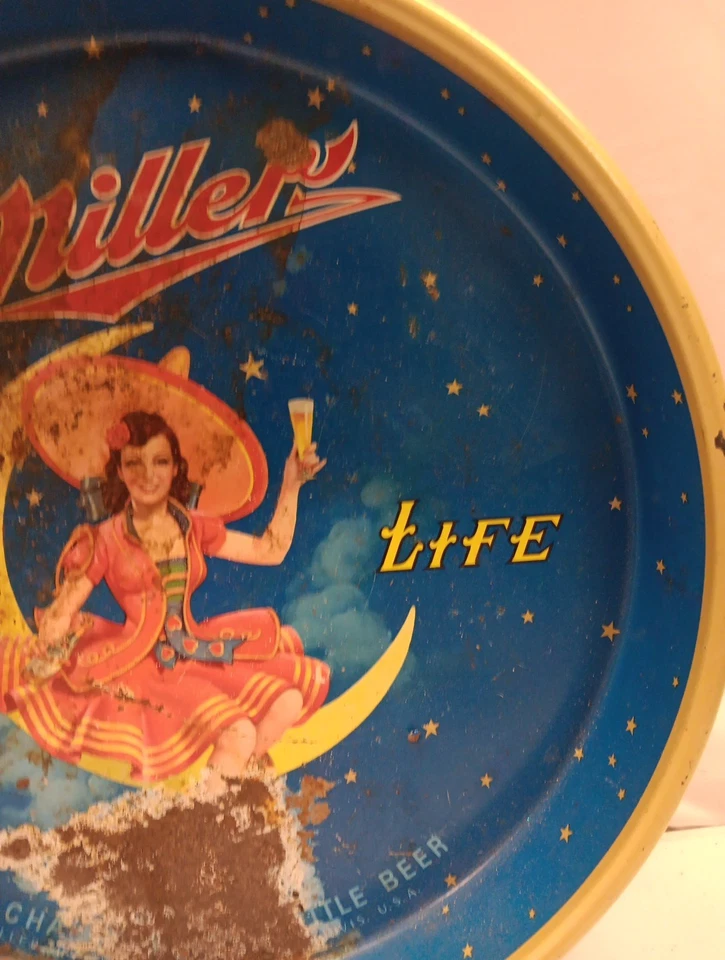 Vintage Miller High Life Beer Serving Tray Girl On The Moon 13” - Image 3 of 4