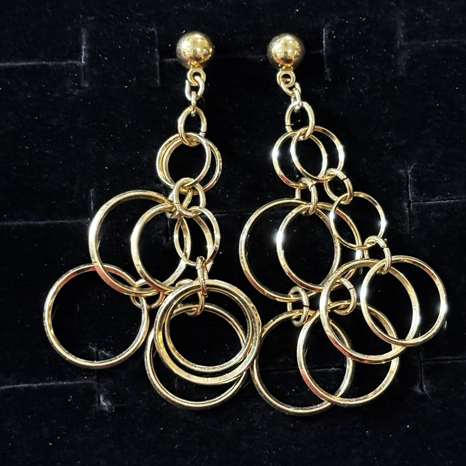 Gold Tone Multi Ring Dangle Earrings Statement Ge… - image 1