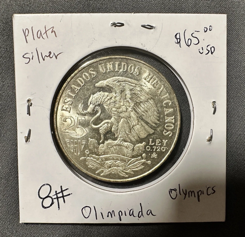 Juegos Olímpicos de 25 pesos de plata mexicanos 1968 (AU-BU) ASW .5209 Foto 2 de 2