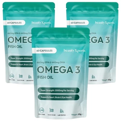 BEAUTYXPERTS Omega 3 Fish Oil 2000mg DHA & EPA High Strength Softgels (Not Tablets, Capsules)