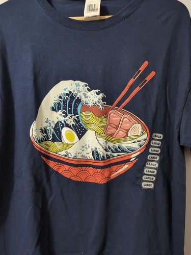 Mens Graphic Print Shirt Navy Blue Great Ramen Wave Bowl Sushi Chopsticks Large - Picture 2 of 4