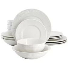 Elama Mia 16 Piece Textured Trim Double Bowl Porcelain Dinnerware Set in White