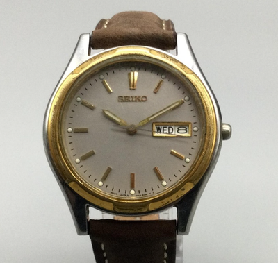 Seiko Watch Mens 37mm Day Date Two Tone Brown Leather 7N43-8199