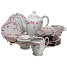 KPM Krister 21pc Tea Set 6 Tea Cup Dessert Plate Creamer Sugar Pink Poland 1920