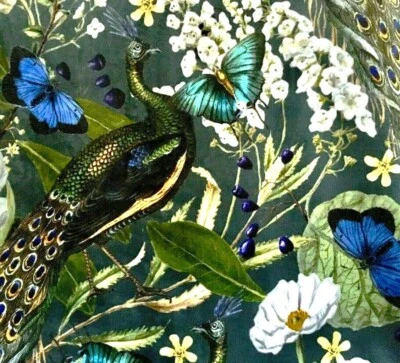 DESIGNERS FABRIC Peacock Italian Velvet Sold by Meter Floral Fabric Butterflies Birds Botanical