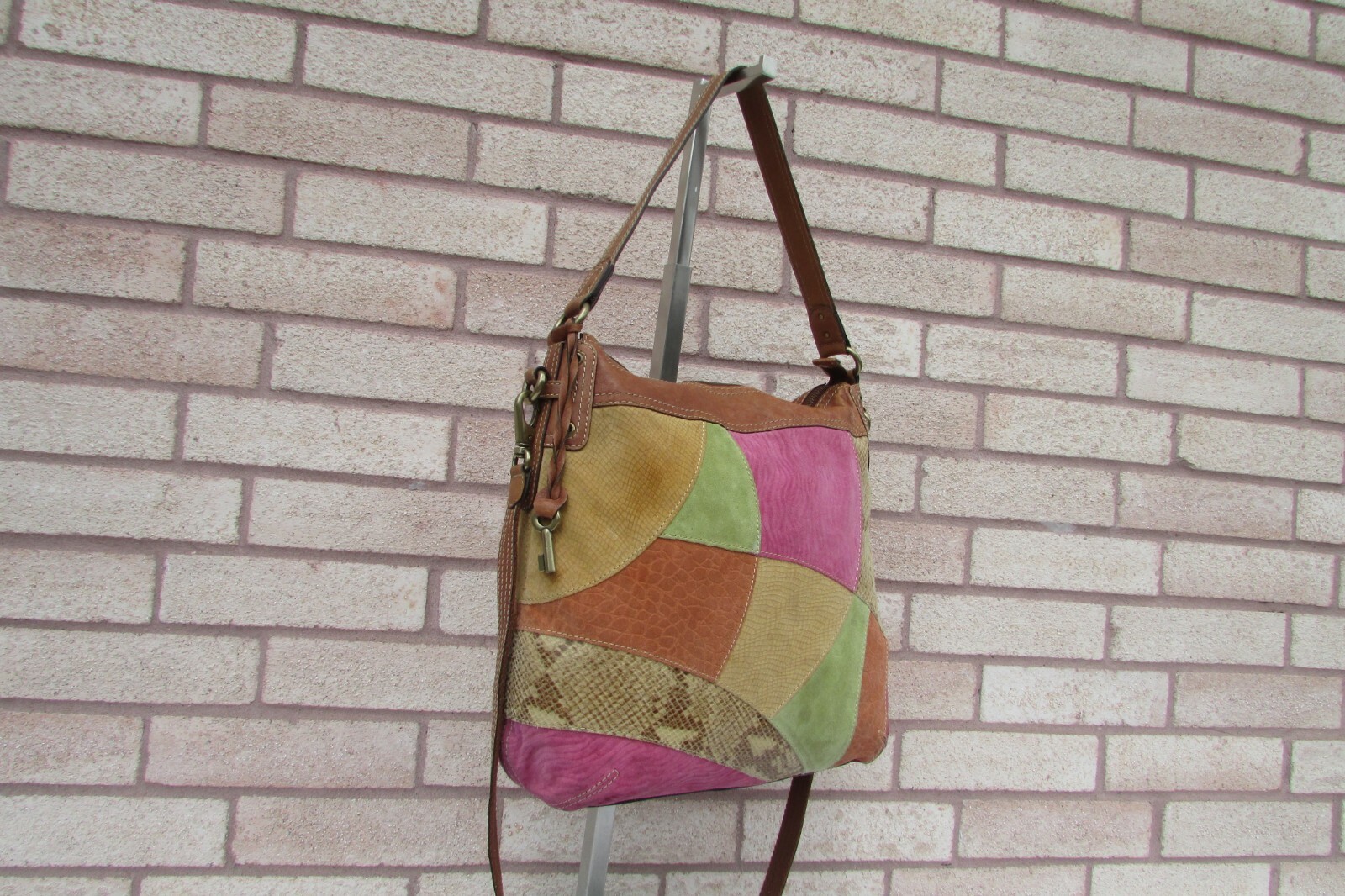 Fossil Brown Leather Trim Multi Patchwork Large C… - image 1