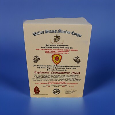 U.S.M.C. / 10TH MARINE REGIMENT - REGIMENTAL COMMENDATION AWARD CERTIFICATE