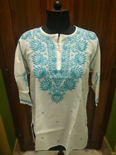 L 43" ETHNIC CHIKAN EMBROIDERY 100 COTTON HANDMADE KURTA KURTI TOP TUNIC BLOUSE
