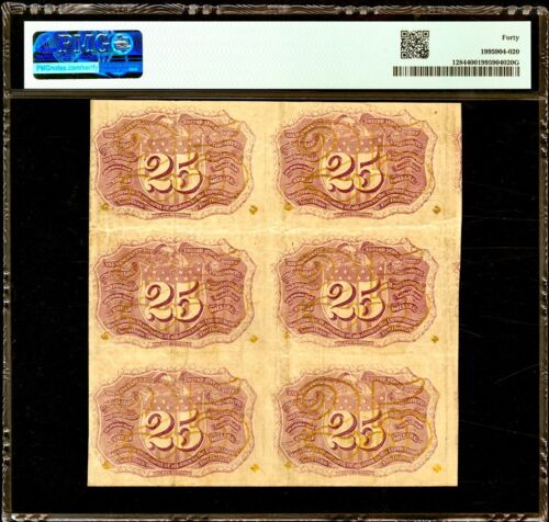 Fr. 1284 25¢ Second Issue Block of Six “18-63” Surcharges Uncut Sheet PMG EF40 - Picture 2 of 2