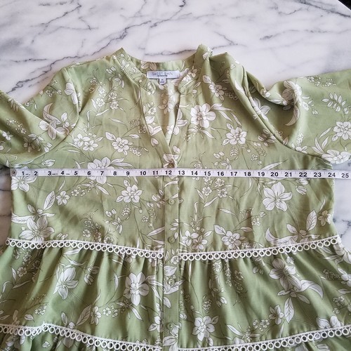 Sweet Rain Womens 1X Floral Tiered Top Button Front Cottagecore Boho Lace Green - Picture 8 of 9