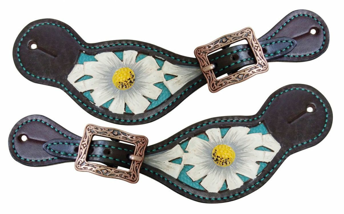 Ladies Leather Spur Straps New Denver Mall York Mall with White Poppy Painted Desig Flower