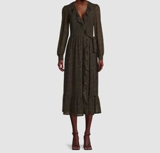 $225 Michael Kors Women's Green Leopard V-Neck Self-Tie Wrap Dress Size M