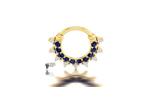 14K SOLID GOLD BLUE SAPPHIRE NOSE SEPTUM RING WITH DIAMONDS - Picture 6 of 8
