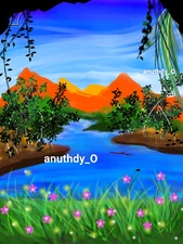 DIGITAL ART INSTANT DOWNLOAD RIVER NATURE FLOWERS WALLPAPER IMAGE HAND PAINTING