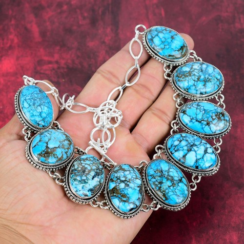 Blue Turquoise Gemstone Handmade 925 Sterling Silver Jewelry Wonderful Necklace - Picture 2 of 6