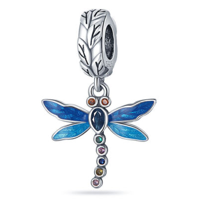 Genuine Sterling Silver 925 Dragonfly Fly Insect Rainbow Crystal Dangle Charm