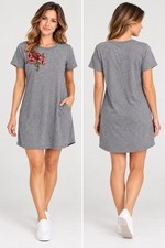 Potter’s Pot Women’s Gray Floral Rose Embroidered Short Sleeve T Shirt Dress S