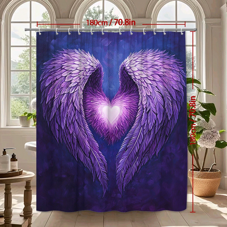 Purple Angel Wings Heart Shower Curtain Spiritual Love Feather Bathroom Decor - Image 3 of 4