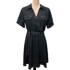 Vince Camuto Faux Wrap Collared Shirt Dress Belted White Stitching Black M NEW