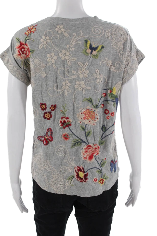 Camiseta de manga corta de algodón cuello redondo floral Johnny Was para mujer talla XS Foto 3 de 4