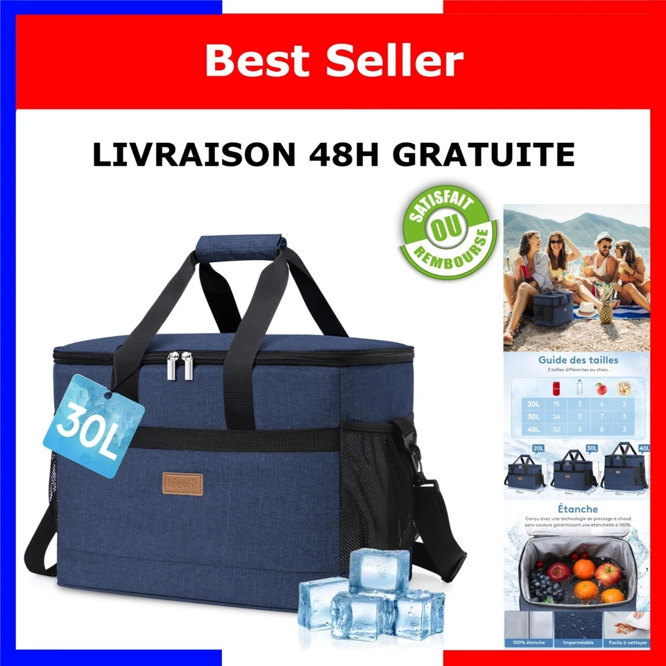 Sac isotherme 30 L Lifewit glacière souple pique-nique camping bleu - Photo 1/4