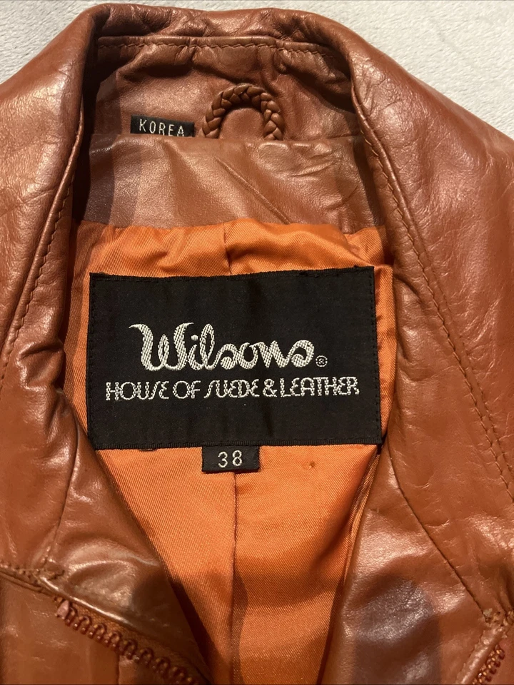 Chaqueta de cuero tostado East West Musical Instruments vintage años 70 interior de gamuza L Foto 2 de 4