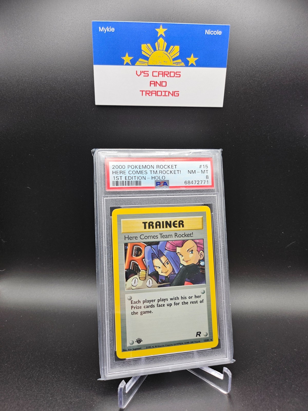 2000 POKEMON ROCKET 1ST EDITION #15 HERE COMES TEAM ROCKET!-HOLO PSA 8