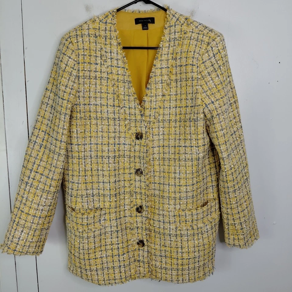 Blazer Ann Taylor Mujer 14 Flecos Tweed Carrera Oficina Corporativa Amarillo Azul Foto 2 de 4