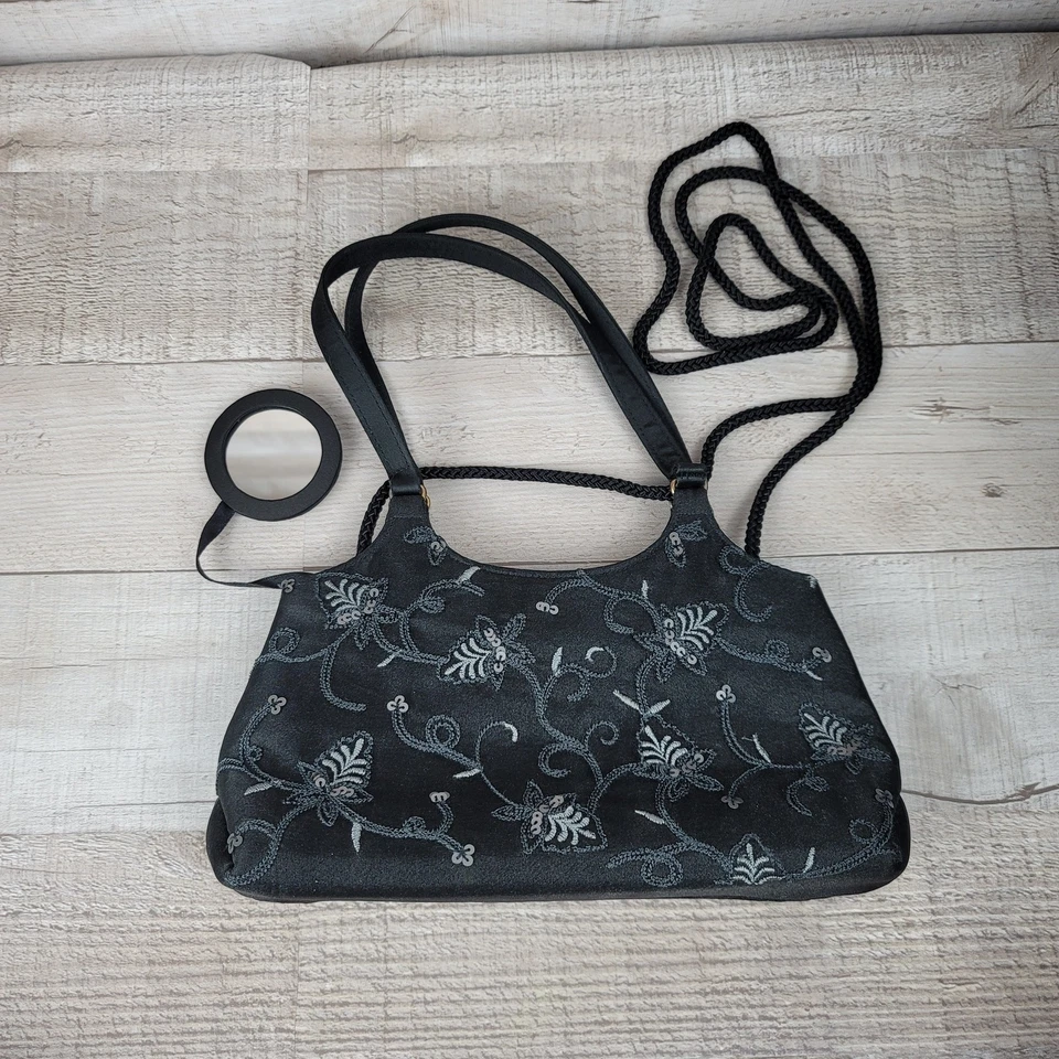 Little Black Purse Embroidered Floral Party Cocktail Crossover Valerie Stevens - Image 3 of 4