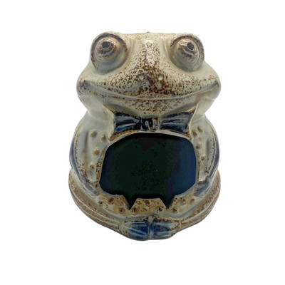 Vintage Speckled Porcelain Frog Candle Holder Figurine Brown Blue Bow Tie Decor