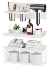 Floating Bathroom Shelves with Hair Dryer Holder, 3-Tier Rustic Wood Wall Mou...