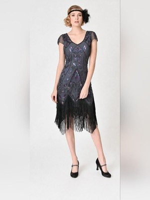 Unique Vintage Black And Rose Beaded Fringe Dress Size XL NWT P2P 22 In