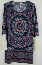 Tacera NWT Womens 3/4 Sleeve Lace End Boho Dress Size M Colorful 