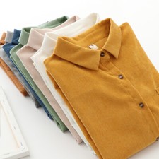 Damen Locker Kord Hemd Bluse Langärmlige Jacke Knöpfe Freizeit Top