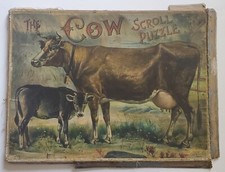 1898 McLoughlin Bros Cow Scroll Puzzle Box Cover Only, Chromolithograph Print