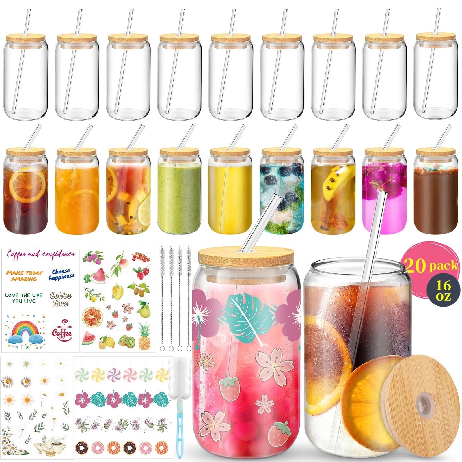 16oz 20-Pack Reusable Glass Cups with Lids & Straws, Beer Can Design