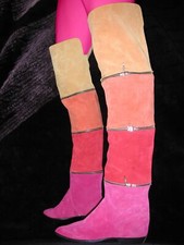 VTG 80S WOMENS 7.5 OTK TALL TIERED CRAZY MULTI COLOR SUEDE PIRATE LEATHER BOOTS