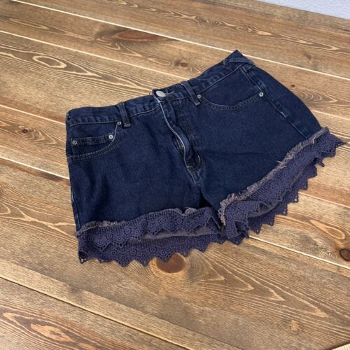 Free People Shorts Womens 27 Dark Blue Scalloped Lace Hem Zip High Rise Pocket - Picture 1 of 7