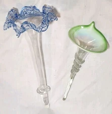 2 Antique 10" Green Topped Opalescent Topped 1 12" Blue Topped Epergne Horn 