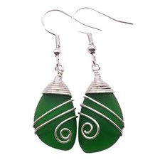 Hawaiian Jewelry Sea Glass Earrings, Top Wire Forest Green Earrings,