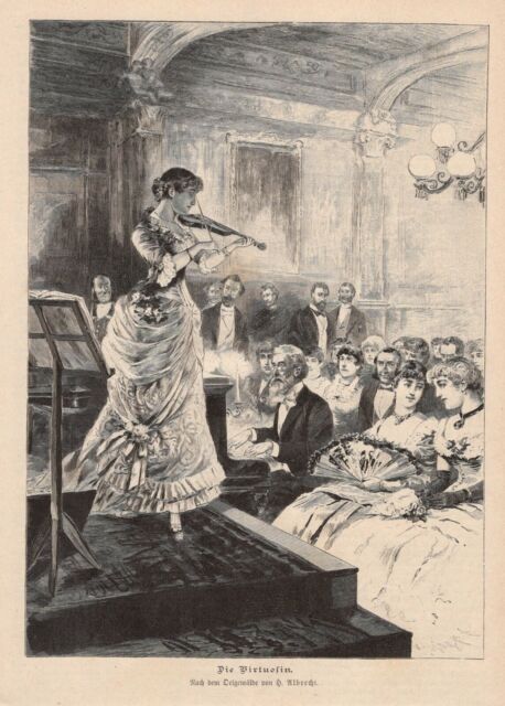 La Virtuosin Geigenspielerin Concerto Incisione su Legno Di 1886 Genrebild