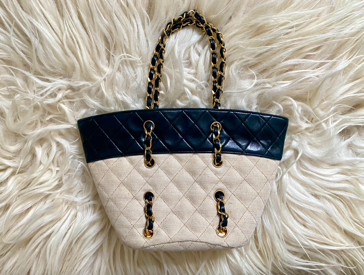 Chanel Vintage Canvas Leather Quilted Chain Mini Small Classic