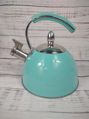 Master Cuisine 2.1 Qt Turquoise Stainless Steel Tea Kettle Pot Retro Style