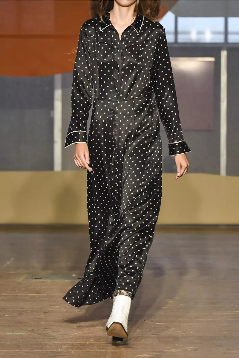 RARE GANN Dufort Brushed Silk Navy Polka Dot Robe Button Up Maxi