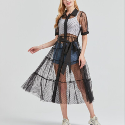 knee length dresses for ladies Women's Allen Asymmetric See-Through Mesh Spandex Midi Dress S/M/L/Customize Black Mean Blvd Black / M