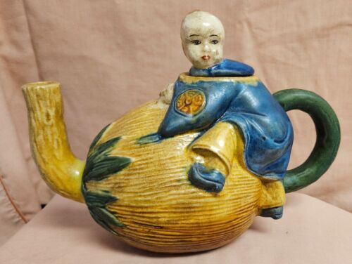 Vintage Boy Climbing Onto Coconut Teapot—Joseph Holdcroft Majolica Reproduction  - Picture 1 of 11